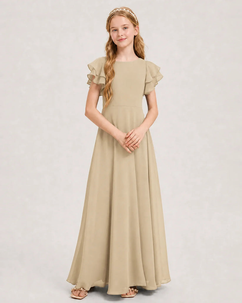 Champagne Chiffon A-line Junior Bridesmaid Dress Front View