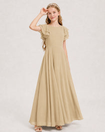 ChampagneJunior Bridesmaid Dress Ruffle Sleeve Chiffon Long Maxi Gown Side View