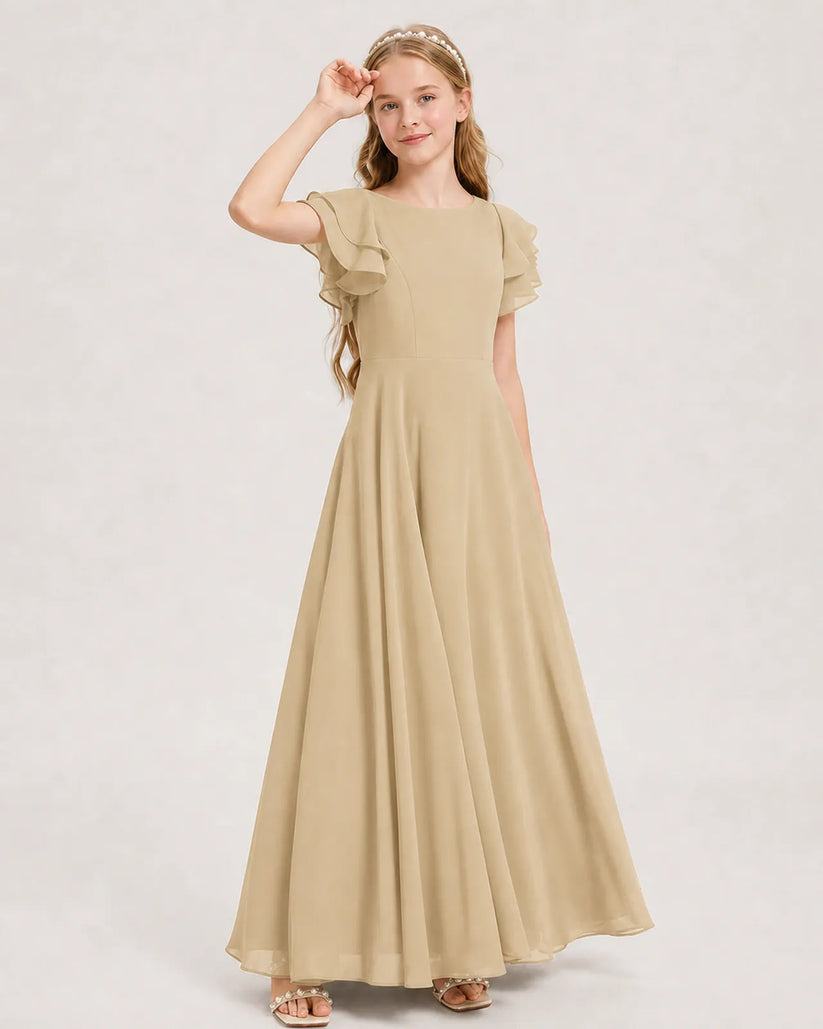 Champagne Chiffon A-line Junior Bridesmaid Dress Front View