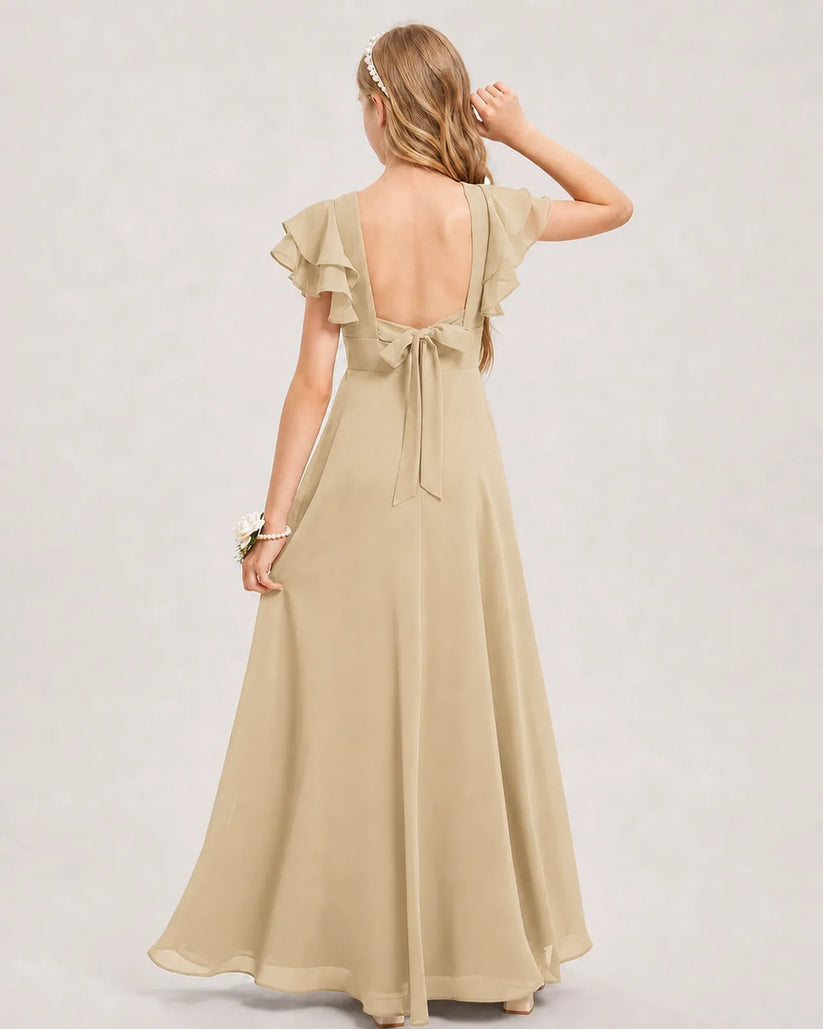 Champagne Chiffon A-line Junior Bridesmaid Dress Back View