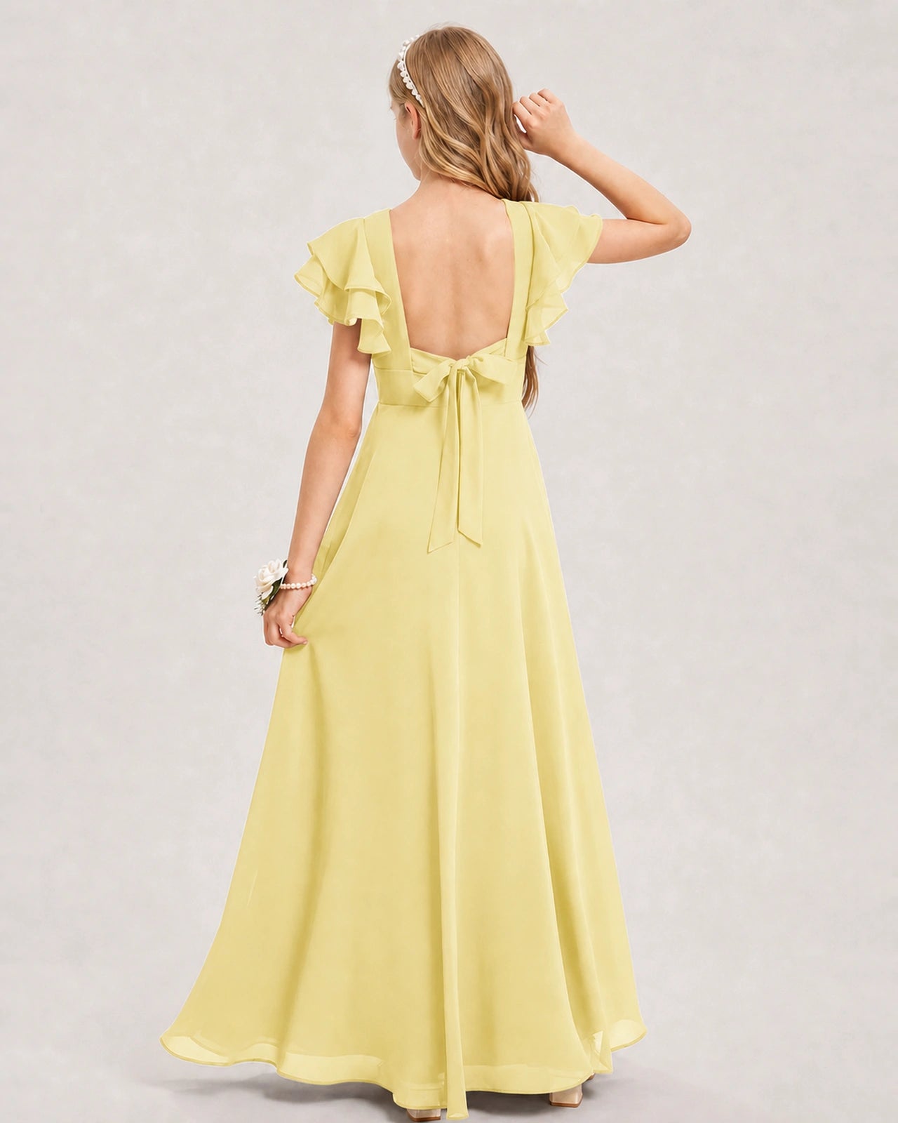 Daffodil Junior Bridesmaid Dress Ruffle Sleeve Chiffon Long Maxi Gown Back View