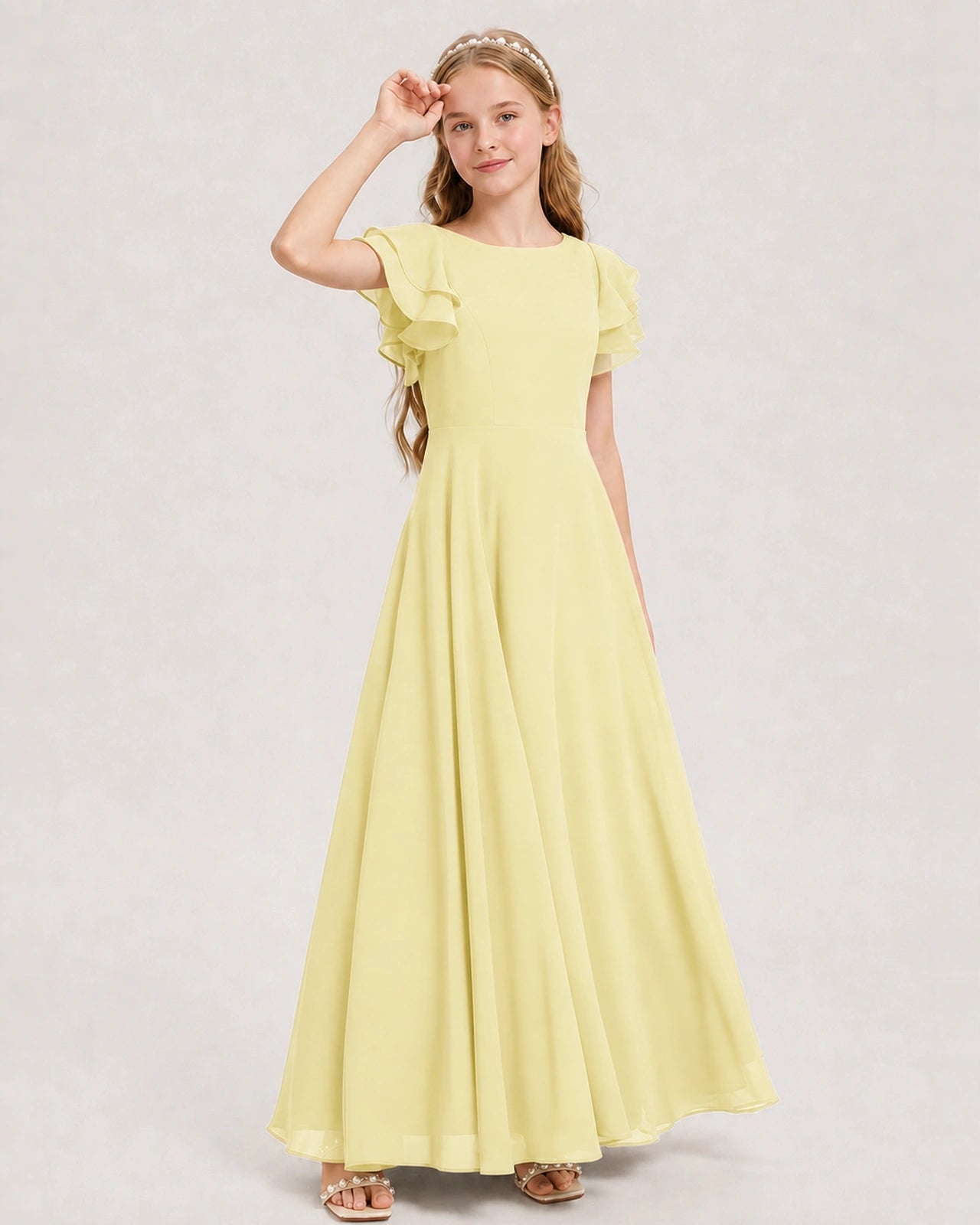 Daffodil Junior Bridesmaid Dress Ruffle Sleeve Chiffon Long Maxi Gown Side View