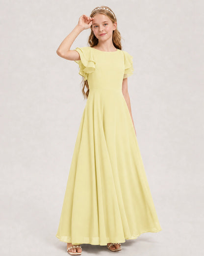 Daffodil Junior Bridesmaid Dress Ruffle Sleeve Chiffon Long Maxi Gown Side View