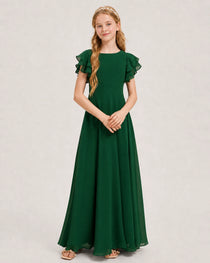 Dark Green Junior Bridesmaid Dress Ruffle Sleeve Chiffon Long Maxi Gown Front View