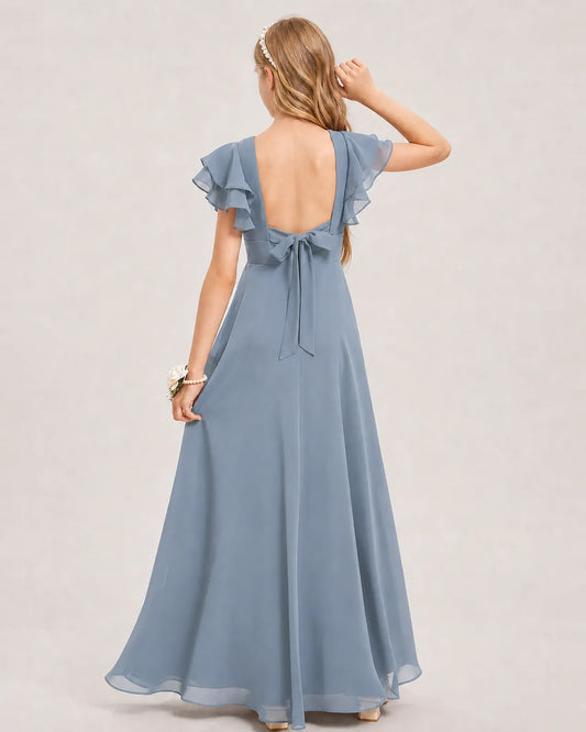 Dusty Blue Chiffon A-line Junior Bridesmaid Dress Back View