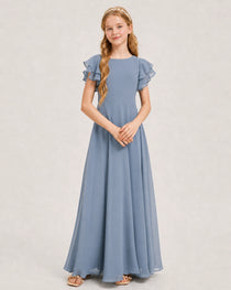 Dusty Blue Junior Bridesmaid Dress Ruffle Sleeve Chiffon Long Maxi Gown Front View