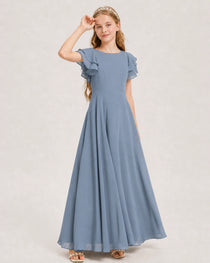 Dusty Blue Junior Bridesmaid Dress Ruffle Sleeve Chiffon Long Maxi Gown Back View
