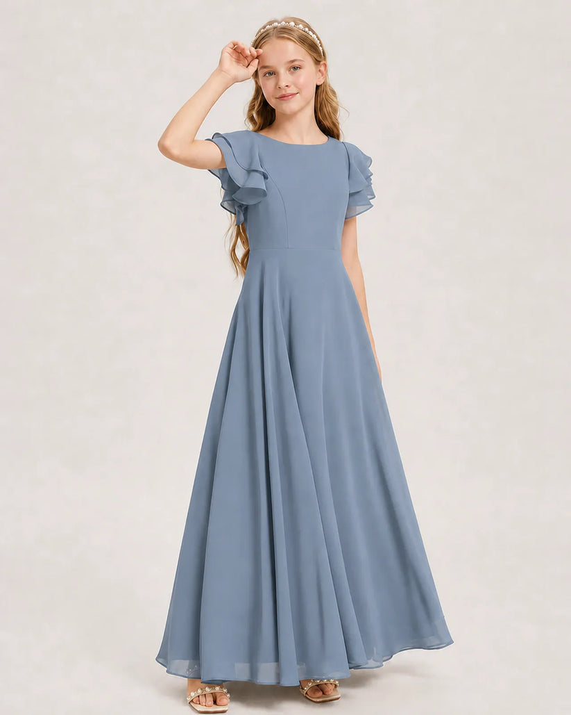 Dusty Blue Chiffon A-line Junior Bridesmaid Dress Front View