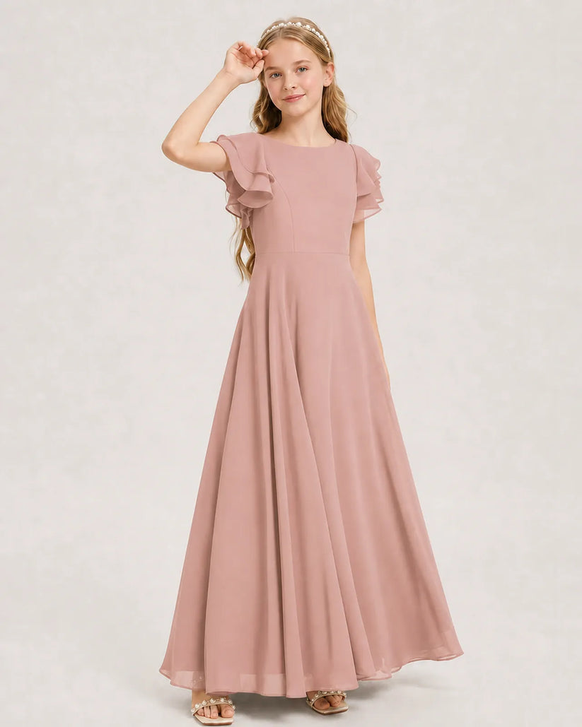 Dusty Rose Chiffon A-line Junior Bridesmaid Dress Front View