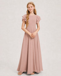 Dusty Rose Junior Bridesmaid Dress Ruffle Sleeve Chiffon Long Maxi Gown Side View