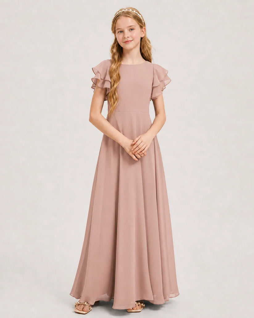 Dusty Rose Chiffon A-line Junior Bridesmaid Dress Front View