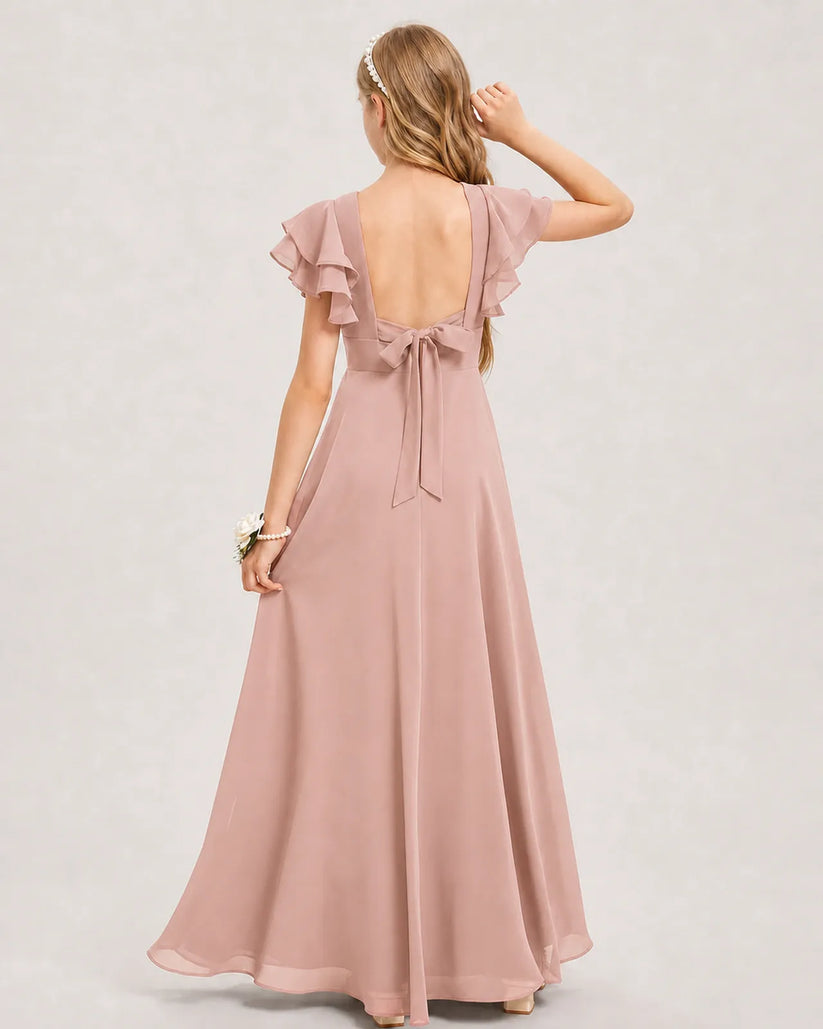Dusty Rose Chiffon A-line Junior Bridesmaid Dress Back View