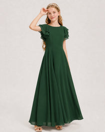 Emerald Green Junior Bridesmaid Dress Ruffle Sleeve Chiffon Long Maxi Gown Side View