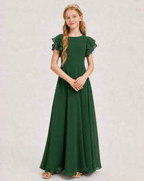 Emerald Green Junior Bridesmaid Dress Ruffle Sleeve Chiffon Long Maxi Gown Front View