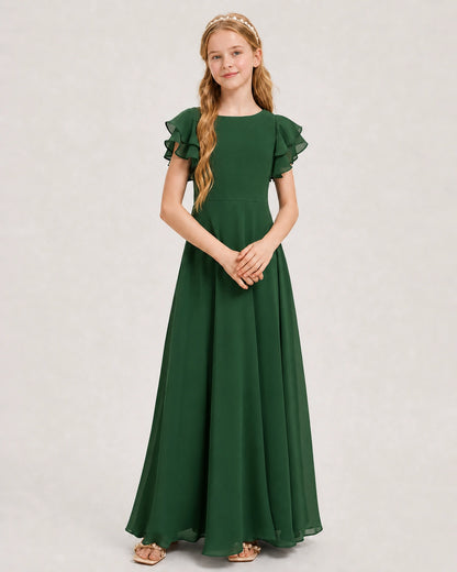 Emerald Green Junior Bridesmaid Dress Ruffle Sleeve Chiffon Long Maxi Gown Front View