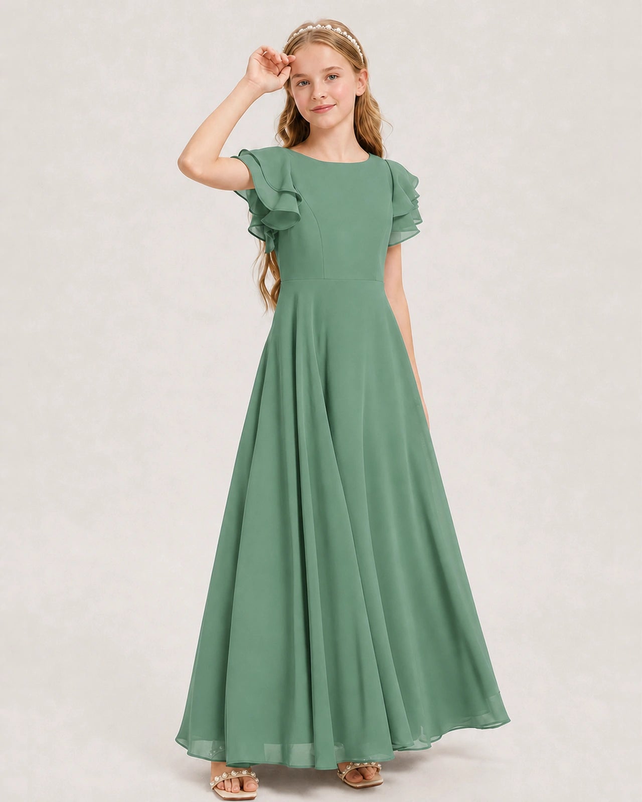 Eucalyptus Junior Bridesmaid Dress Ruffle Sleeve Chiffon Long Maxi Gown Side View