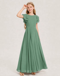 Eucalyptus Junior Bridesmaid Dress Ruffle Sleeve Chiffon Long Maxi Gown Side View