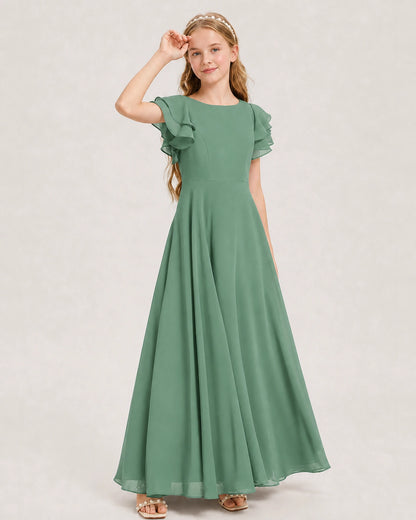Eucalyptus Junior Bridesmaid Dress Ruffle Sleeve Chiffon Long Maxi Gown Side View