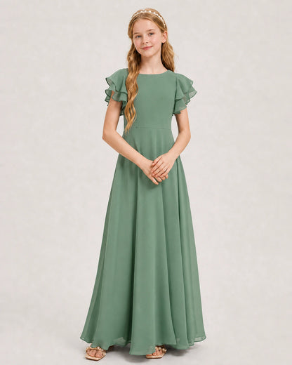 Eucalyptus Junior Bridesmaid Dress Ruffle Sleeve Chiffon Long Maxi Gown Front View