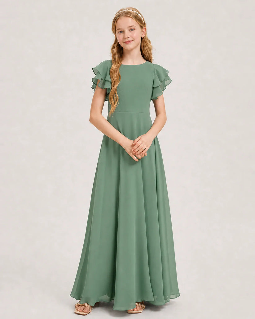 Eucalyptus Chiffon A-line Junior Bridesmaid Dress Front View