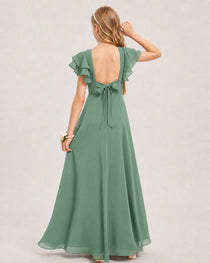 Eucalyptus Junior Bridesmaid Dress Ruffle Sleeve Chiffon Long Maxi Gown Back View
