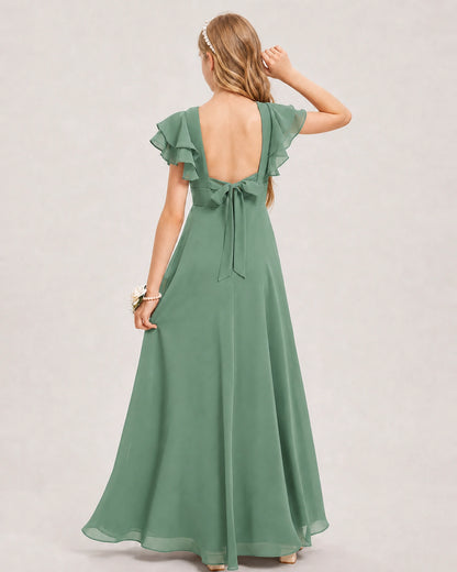 Eucalyptus Junior Bridesmaid Dress Ruffle Sleeve Chiffon Long Maxi Gown Back View