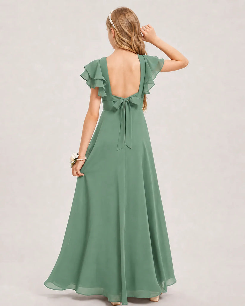 Eucalyptus Chiffon A-line Junior Bridesmaid Dress Back View