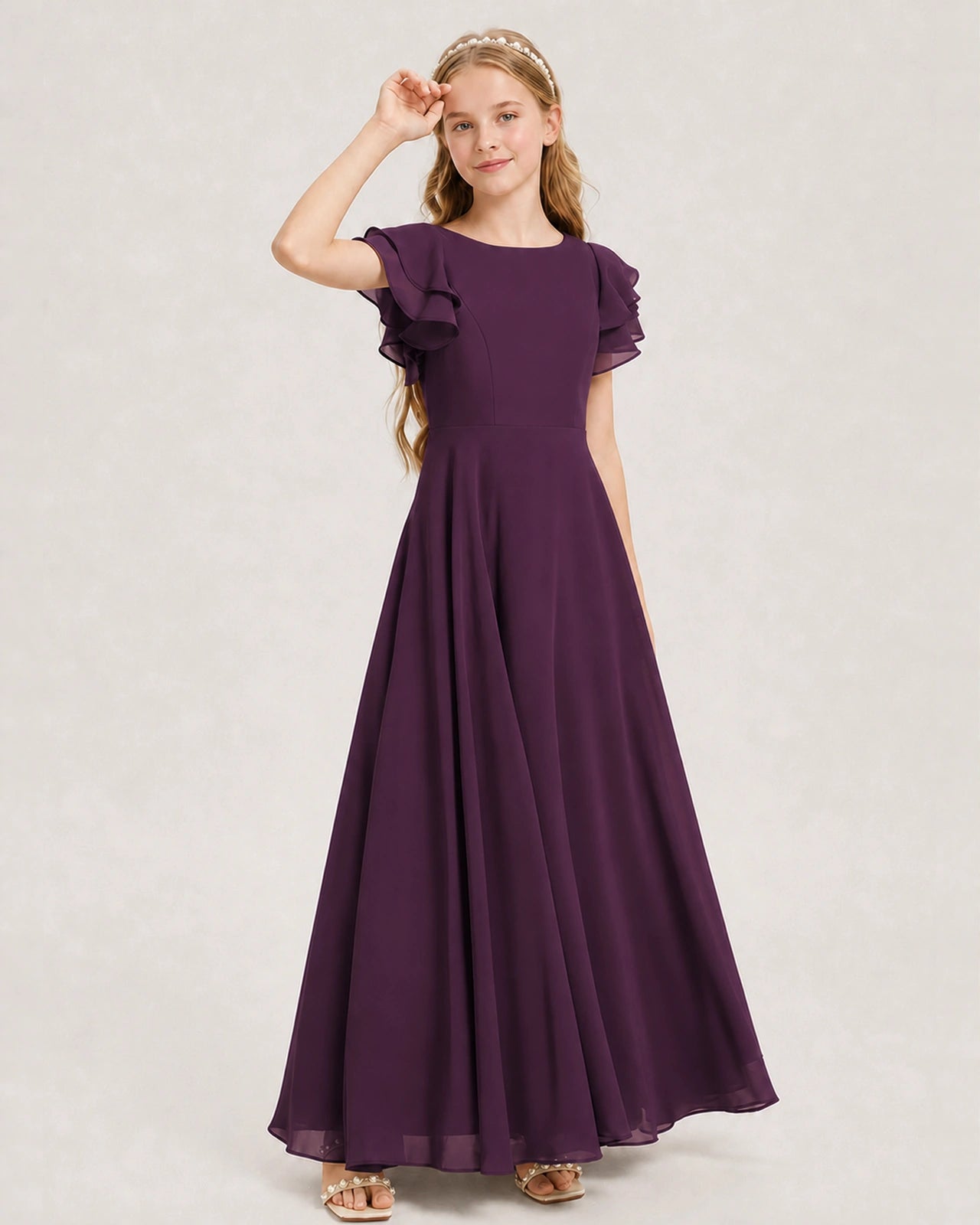 Grape Junior Bridesmaid Dress Ruffle Sleeve Chiffon Long Maxi Gown Side View