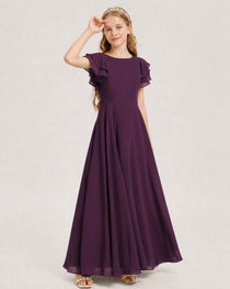 Grape Junior Bridesmaid Dress Ruffle Sleeve Chiffon Long Maxi Gown Side View