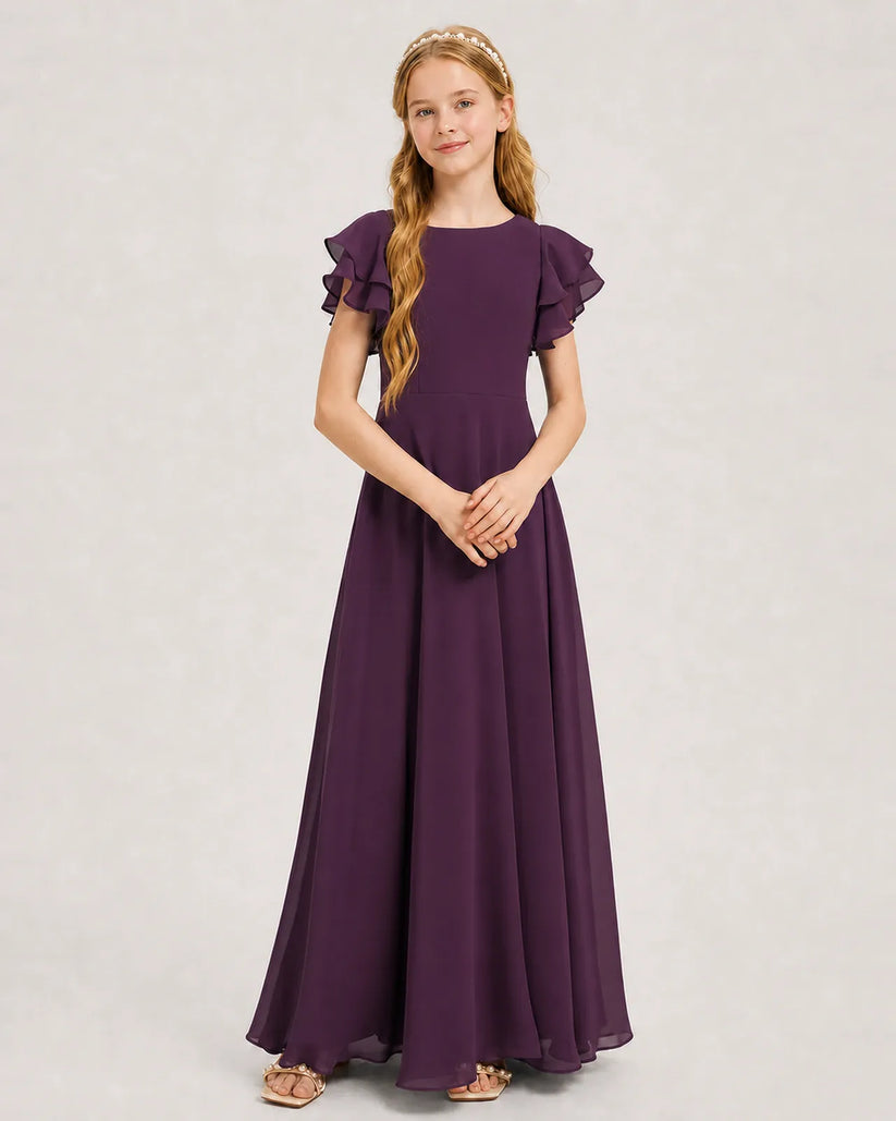 Grape Chiffon A-line Junior Bridesmaid Dress Front View