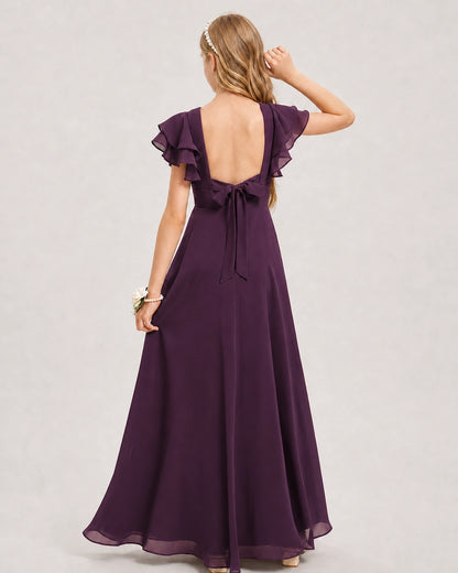Grape Junior Bridesmaid Dress Ruffle Sleeve Chiffon Long Maxi Gown Back View