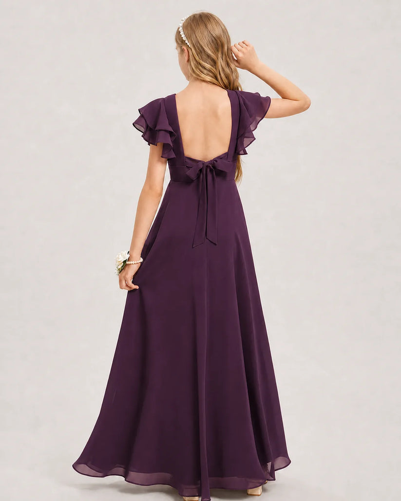 Grape Chiffon A-line Junior Bridesmaid Dress Back View