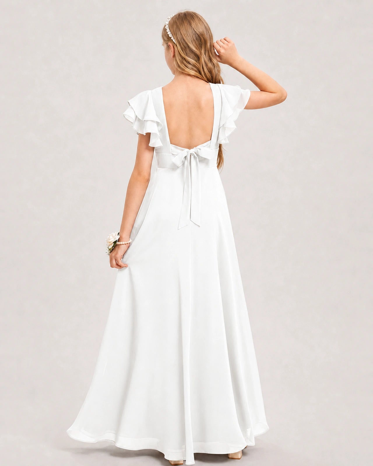 Ivory Junior Bridesmaid Dress Ruffle Sleeve Chiffon Long Maxi Gown Back View