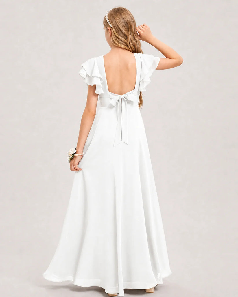 Ivory Chiffon A-line Junior Bridesmaid Dress Back View