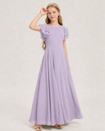 Lavender Junior Bridesmaid Dress Ruffle Sleeve Chiffon Long Maxi Gown Side View