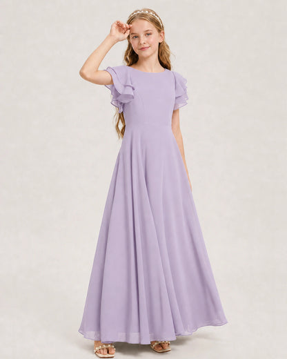 Lavender Junior Bridesmaid Dress Ruffle Sleeve Chiffon Long Maxi Gown Side View