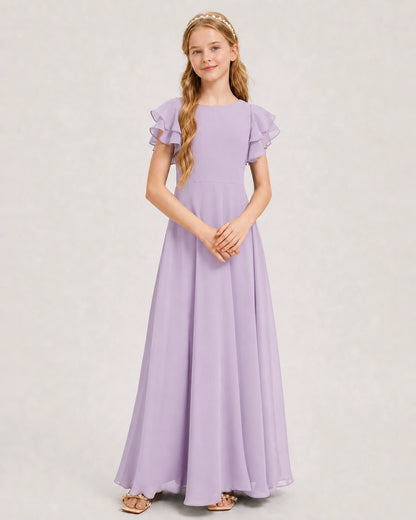Lavender Junior Bridesmaid Dress Ruffle Sleeve Chiffon Long Maxi Gown Front View