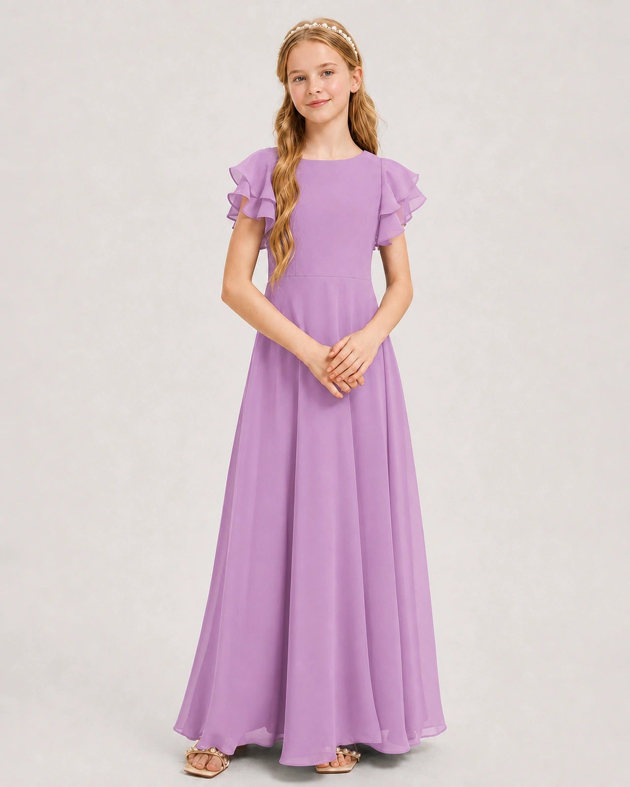 Lilac Junior Bridesmaid Dress Ruffle Sleeve Chiffon Long Maxi Gown Front View