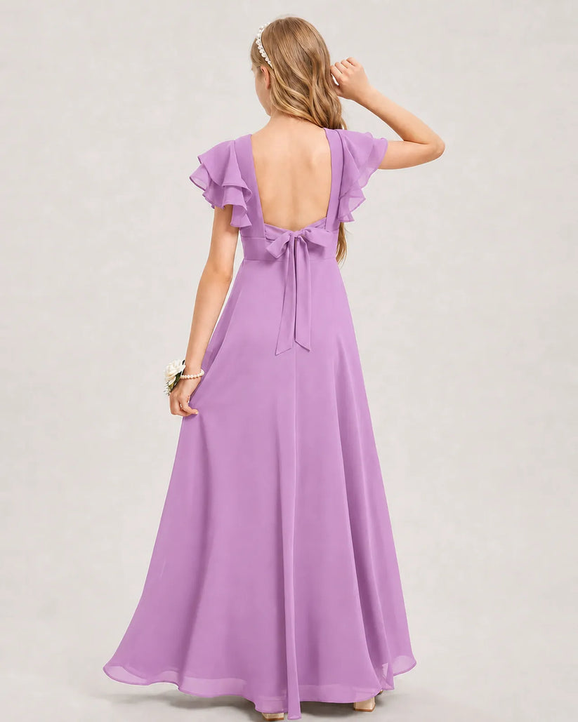 Lilac Chiffon A-line Junior Bridesmaid Dress Back View