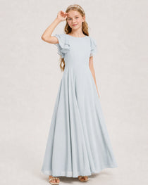 Mist Junior Bridesmaid Dress Ruffle Sleeve Chiffon Long Maxi Gown Side View