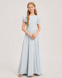 Mist Junior Bridesmaid Dress Ruffle Sleeve Chiffon Long Maxi Gown Front View