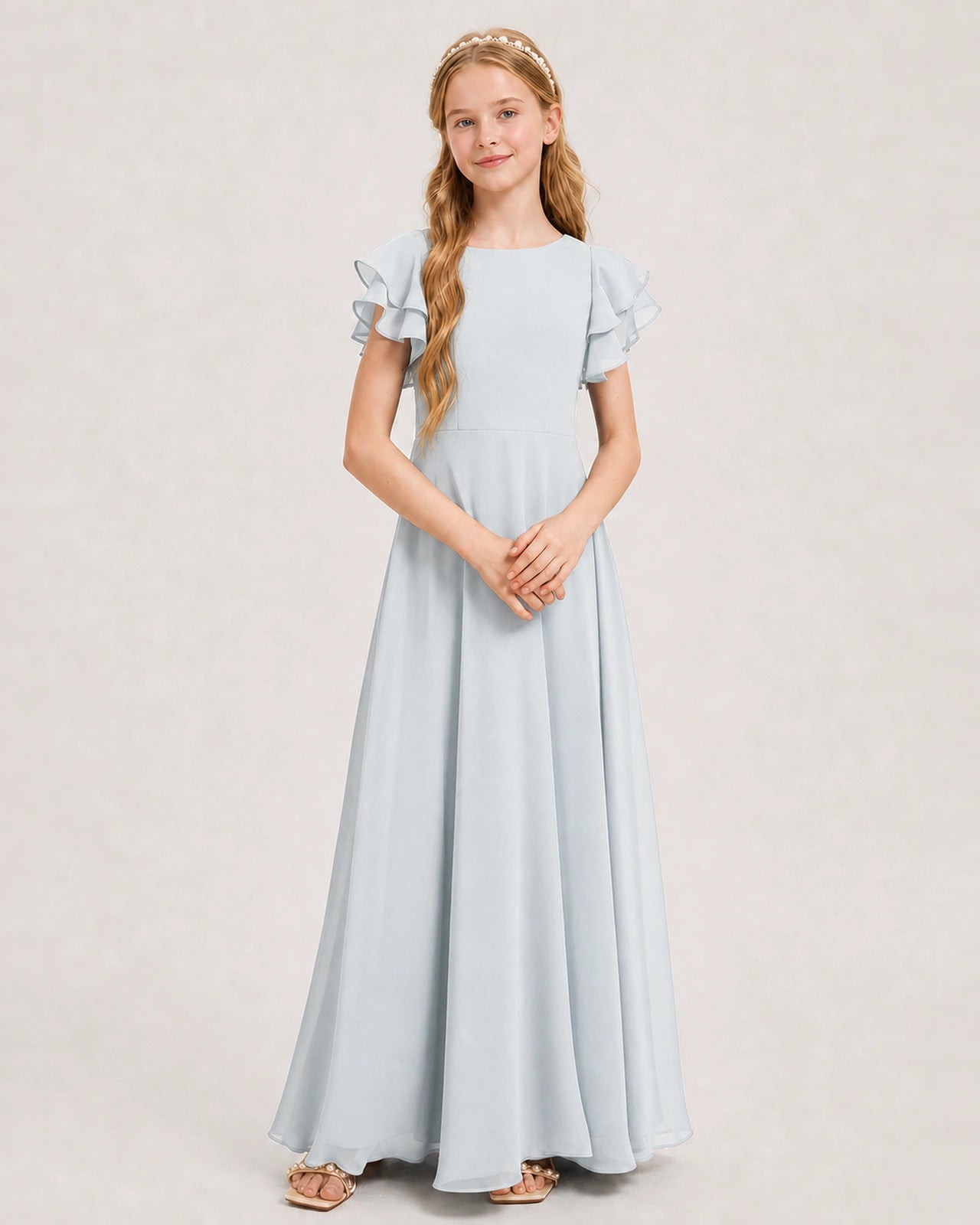 Mist Junior Bridesmaid Dress Ruffle Sleeve Chiffon Long Maxi Gown Front View