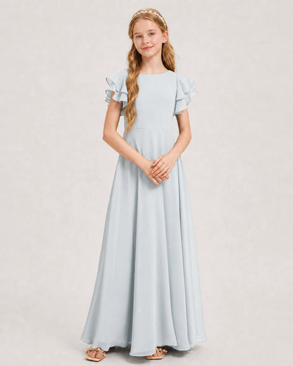 Mist Junior Bridesmaid Dress Ruffle Sleeve Chiffon Long Maxi Gown Front View
