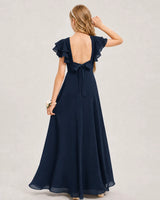 Navy Blue Chiffon A-line Junior Bridesmaid Dress Back View