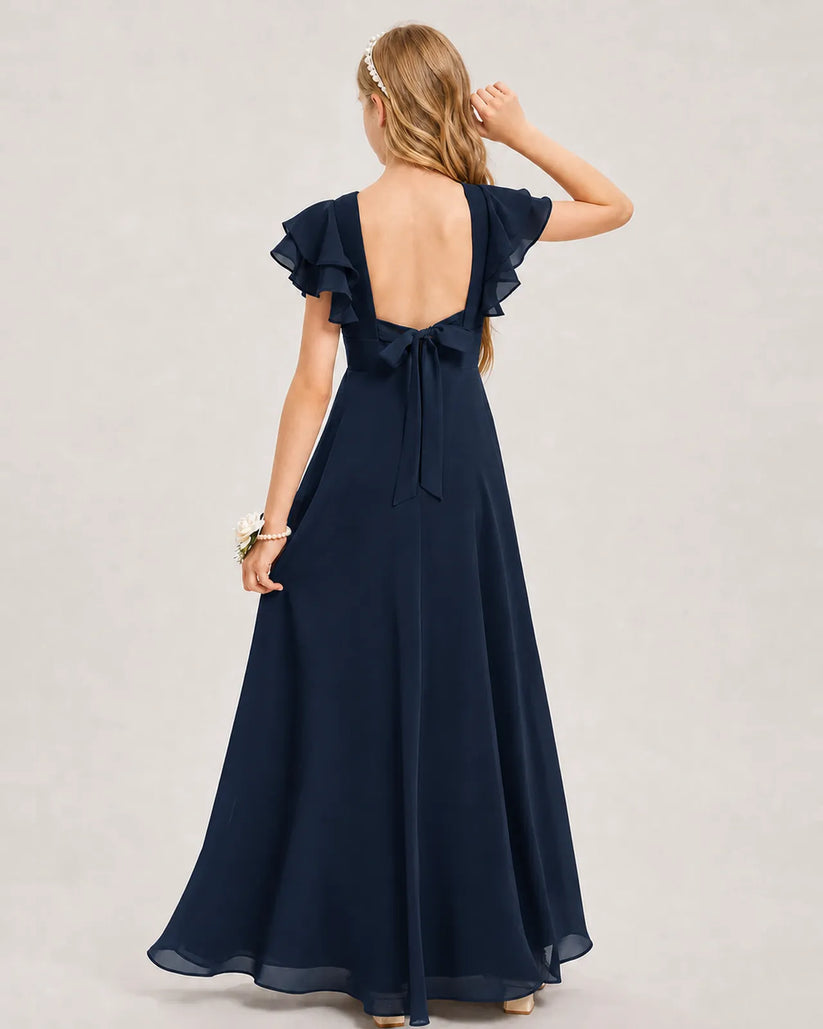 Navy Blue Chiffon A-line Junior Bridesmaid Dress Back View