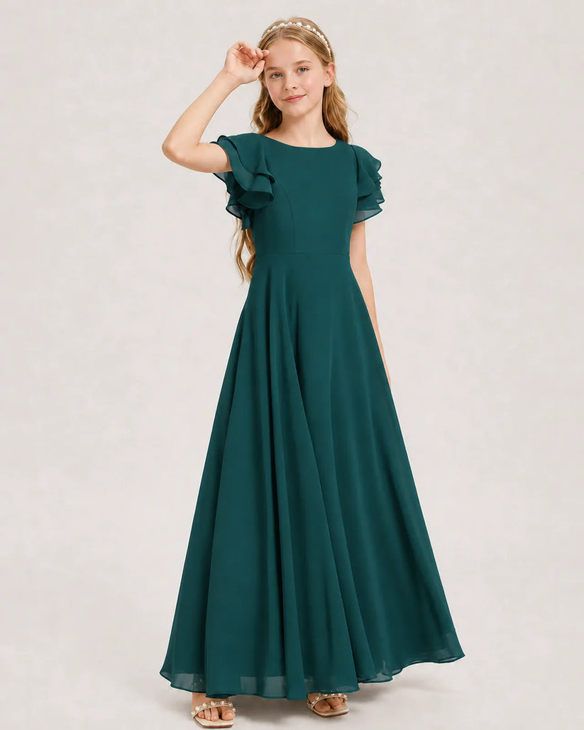 Peacock Chiffon A-line Junior Bridesmaid Dress Front View