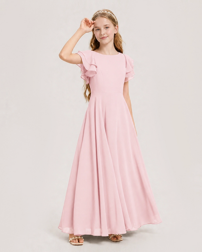 Pink Junior Bridesmaid Dress Ruffle Sleeve Chiffon Long Maxi Gown Side View