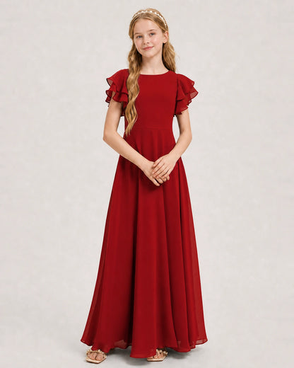 Red Junior Bridesmaid Dress Ruffle Sleeve Chiffon Long Maxi Gown Front View