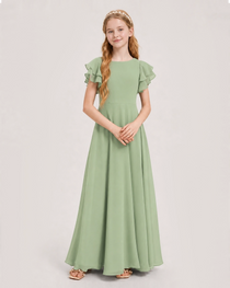 Sage Green Junior Bridesmaid Dress Ruffle Sleeve Chiffon Long Maxi Gown Side View
