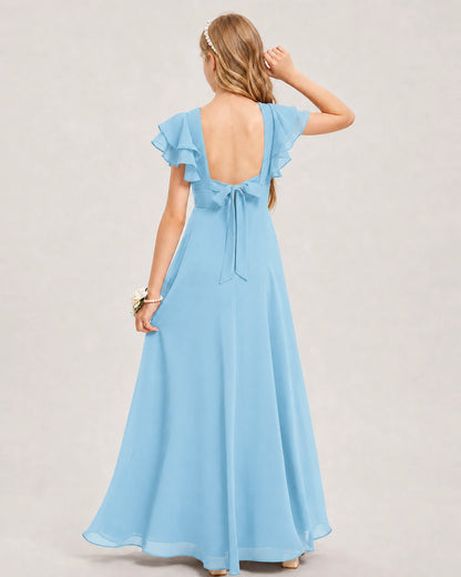 Sky Blue Junior Bridesmaid Dress Ruffle Sleeve Chiffon Long Maxi Gown Back View